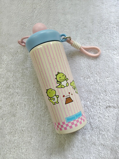 Children's thermos bottle with cartoon designs on a textured surface