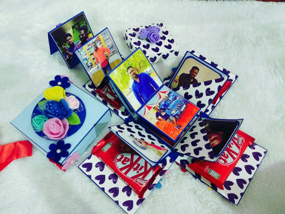 Handmade Blue Floral Explosion Box with Chocolates & Photo Slots | 2-Layer Gift Box