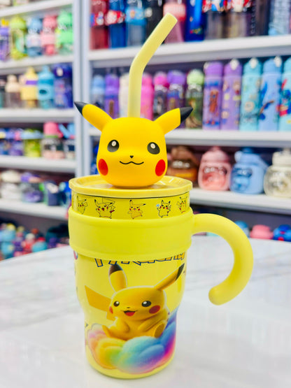 Pikachu yellow insulated cartoon tumbler 650ml, double valve, steel straw, and large handle