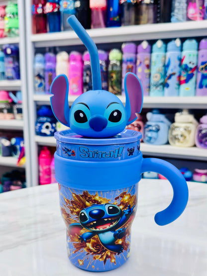 Stitch themed premium insulated 650ml tumbler for kids with steel straw and leakproof lid