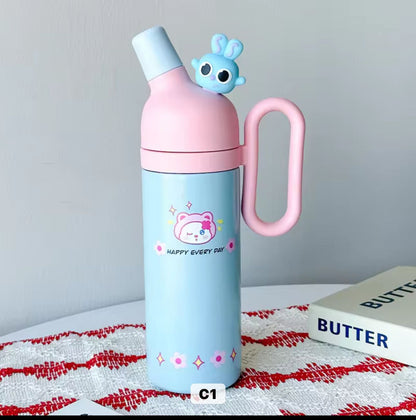 Kawai blue and pink 800ml SUS 316 tumbler with cute blue bunny topper and sturdy handle