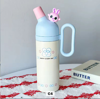 Kawai cream and blue double-wall 800ml tumbler with pink animal spout cap and pastel finish