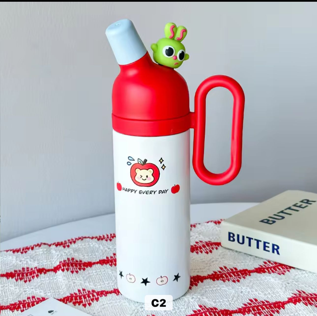 Kawai red and white 800ml insulated tumbler with green animal cap and ergonomic grip handle