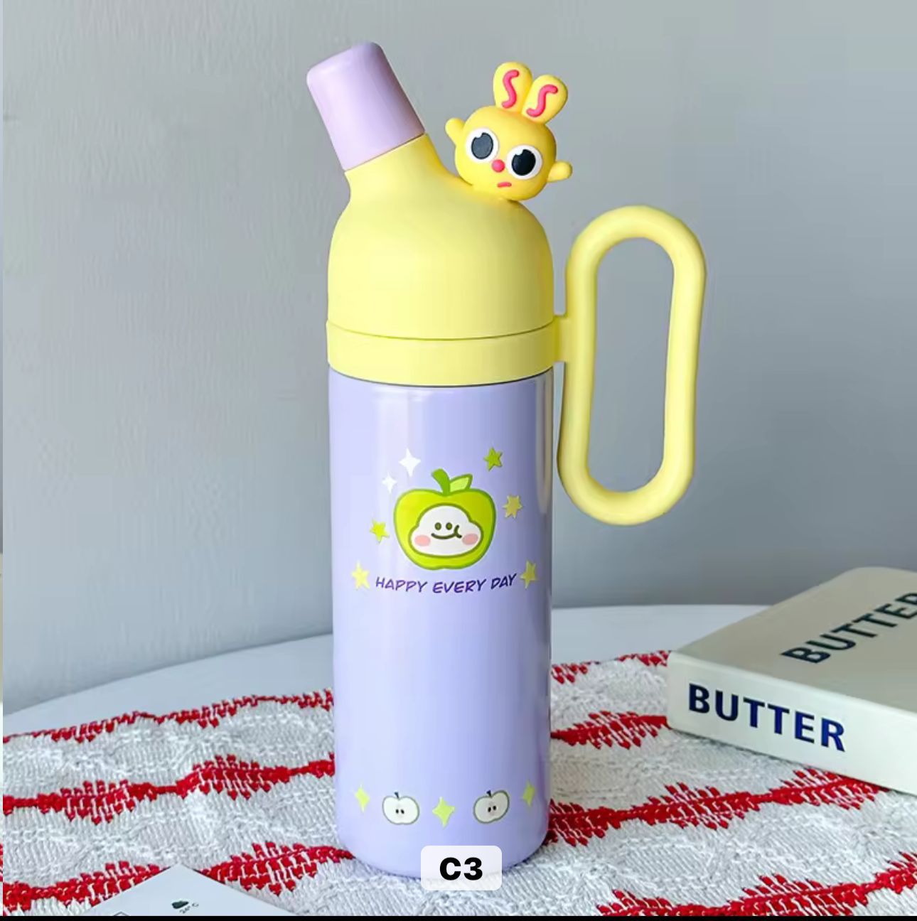 Kawai yellow and purple 800ml stainless steel tumbler with cute bunny stopper and large handle