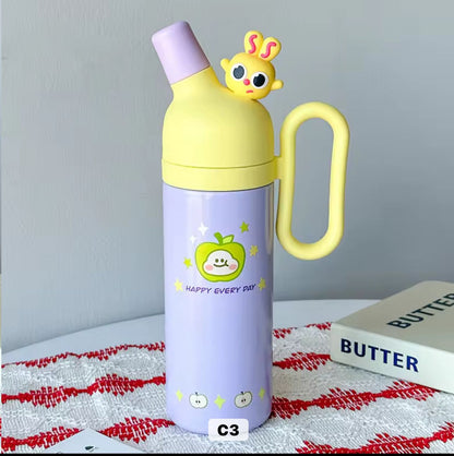 Kawai yellow and purple 800ml stainless steel tumbler with cute bunny stopper and large handle