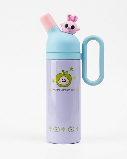 A pastel purple insulated water bottle with a light blue lid and carrying handle, featuring a cute green apple character and the words 'HAPPY EVERY DAY' on the front. A small pink bunny figure sits on top of the lid.