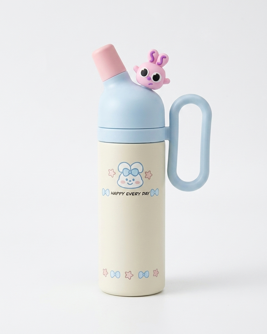 A cute stainless steel water bottle with a light blue lid and handle, a cream-colored body, a pink spout, and a small pink bunny character on top. The body features a cartoon bunny face and the text 'HAPPY EVERY DAY'.