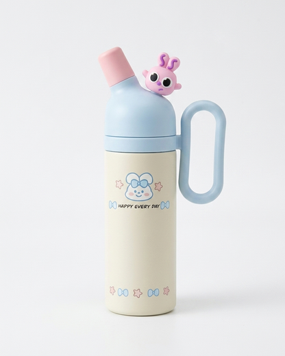 A cute stainless steel water bottle with a light blue lid and handle, a cream-colored body, a pink spout, and a small pink bunny character on top. The body features a cartoon bunny face and the text 'HAPPY EVERY DAY'.