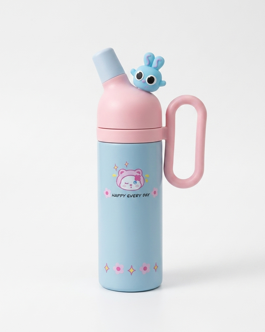 A pastel blue and pink insulated water bottle with a carry loop, a spout lid, and a small blue bunny character on top, shown on a clean white background.