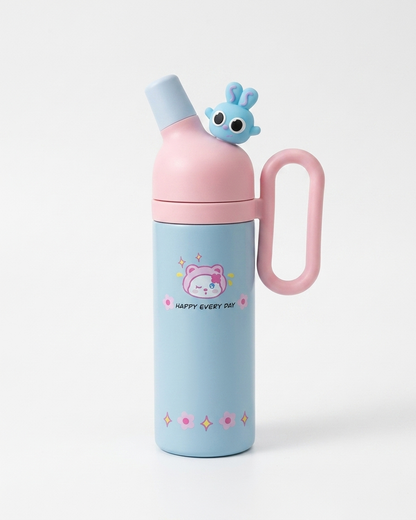 A pastel blue and pink insulated water bottle with a carry loop, a spout lid, and a small blue bunny character on top, shown on a clean white background.