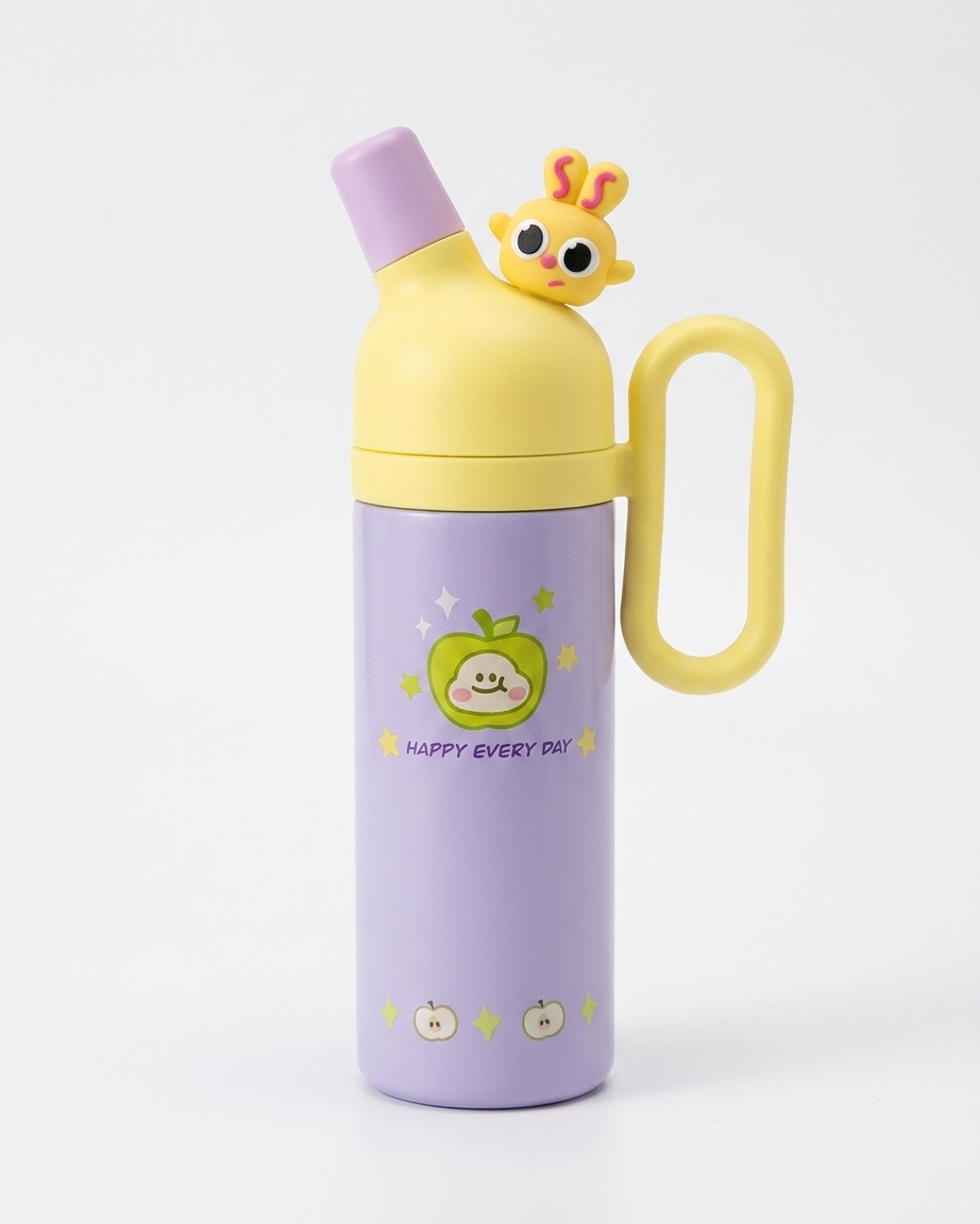 A pastel purple and yellow insulated water bottle with a cartoon rabbit character on the lid, a matching purple straw, and a yellow carrying loop handle, shown on a clean white background.