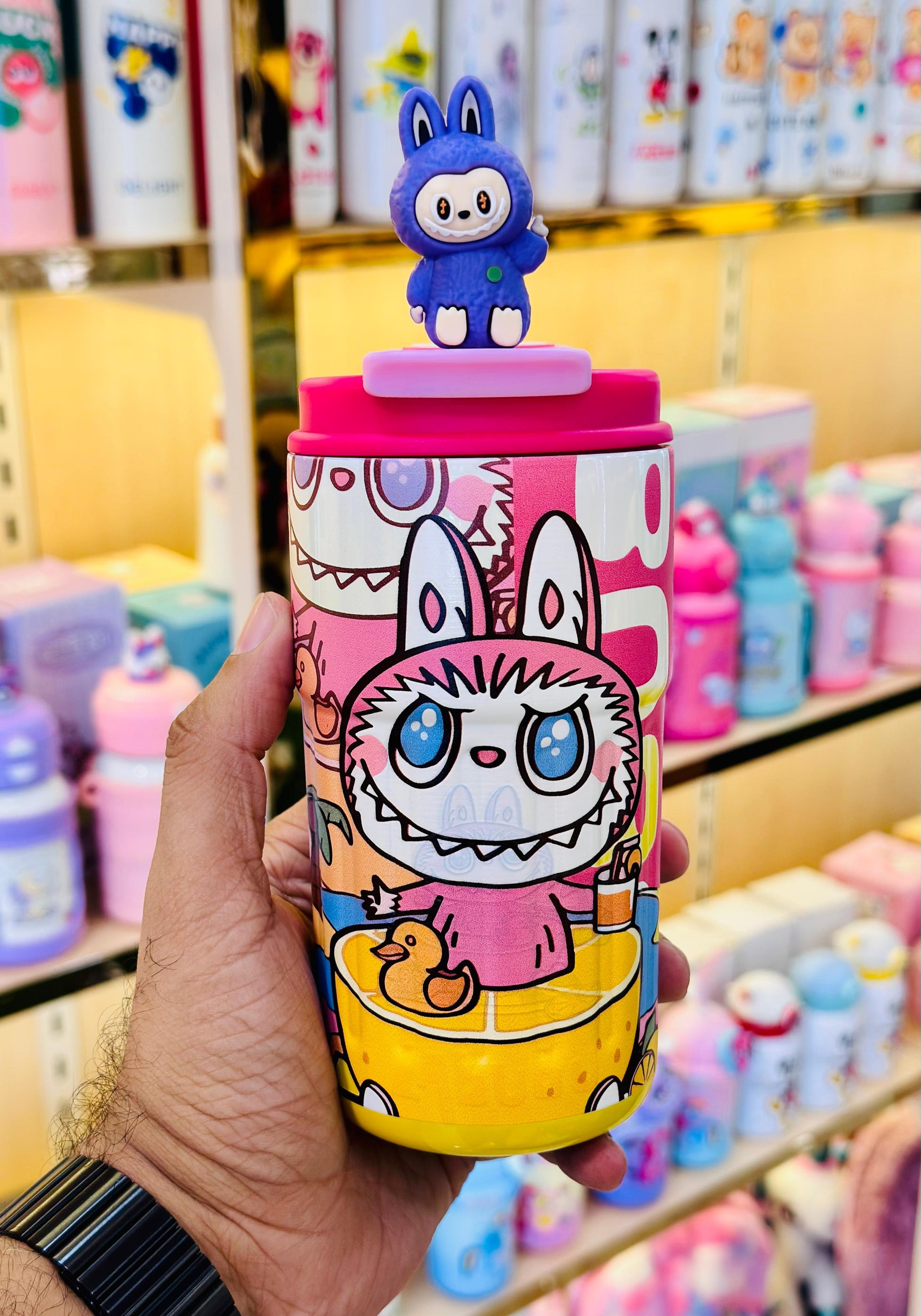 Pink Labubu coffee mug 400ml SUS 316 with blue bunny character topper and colorful print