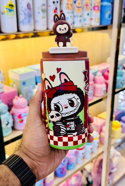 Brown Labubu insulated coffee mug 400ml with cute bunny topper and cartoon print
