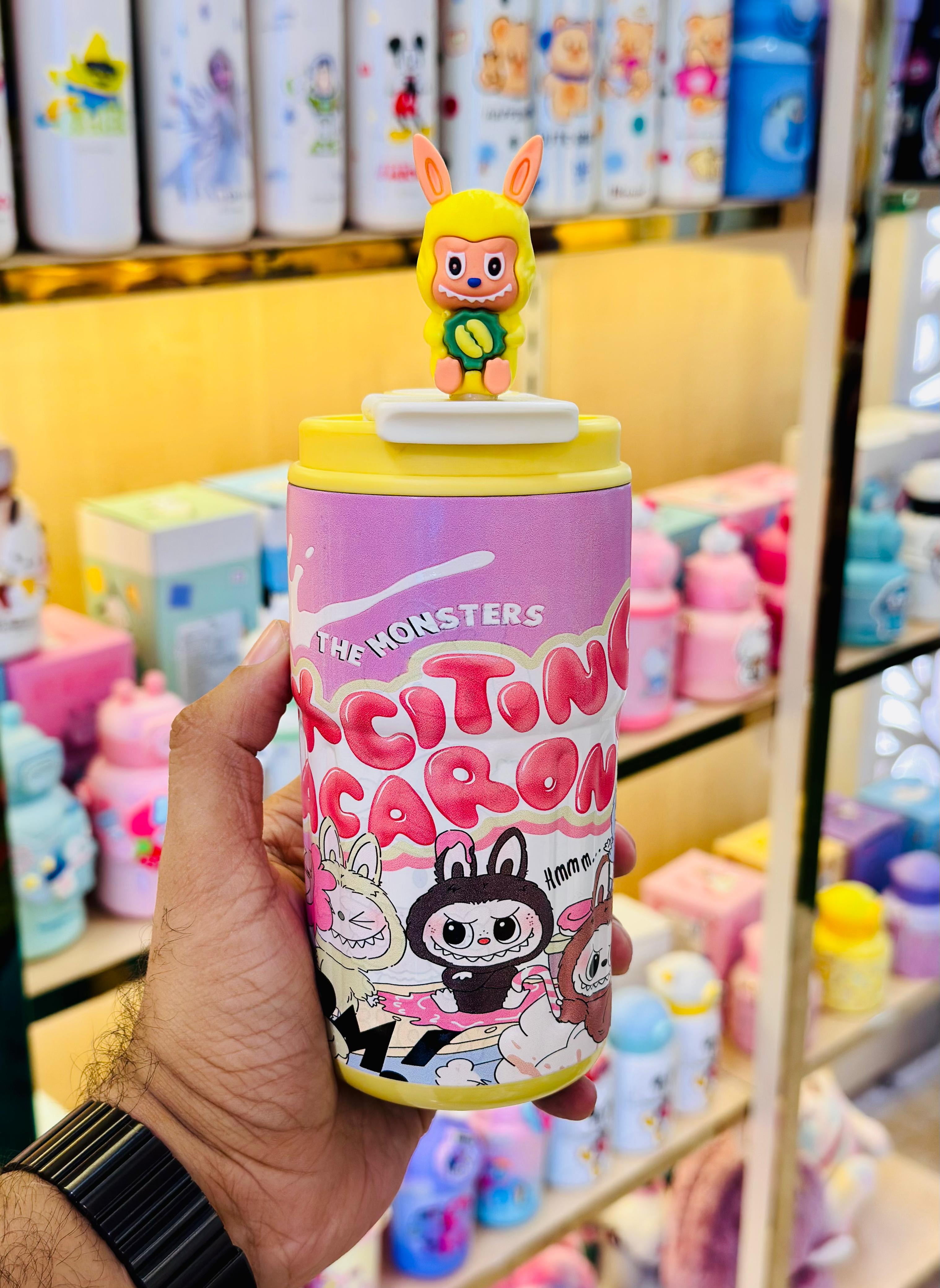 Yellow Labubu coffee mug 400ml SUS 316 with bunny character topper, hot and cold insulation