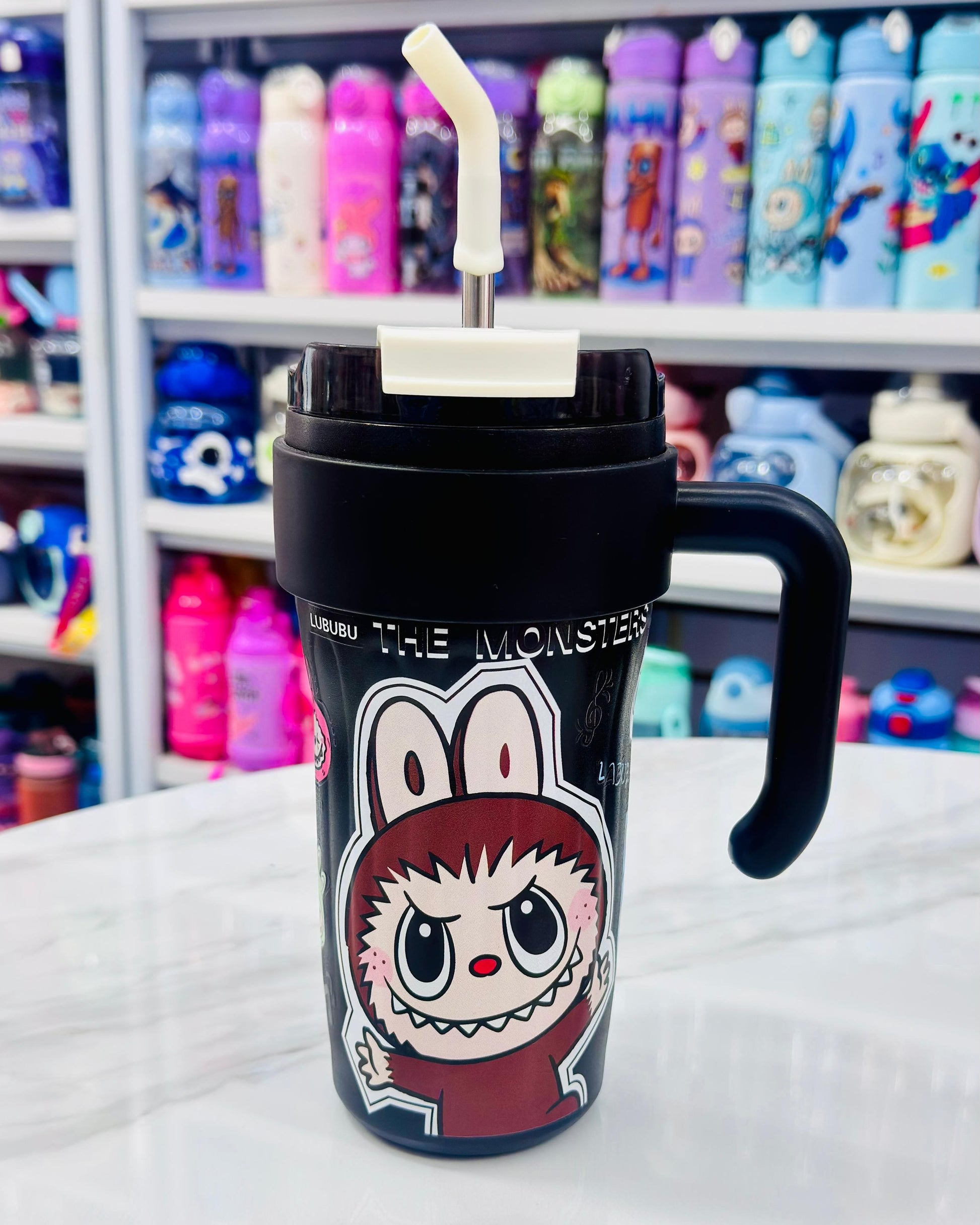 Labubu 860ml black SUS 316 insulated steel tumbler with cartoon print, steel straw, and handle