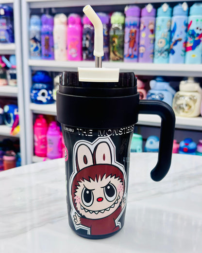 Labubu 860ml black SUS 316 insulated steel tumbler with cartoon print, steel straw, and handle