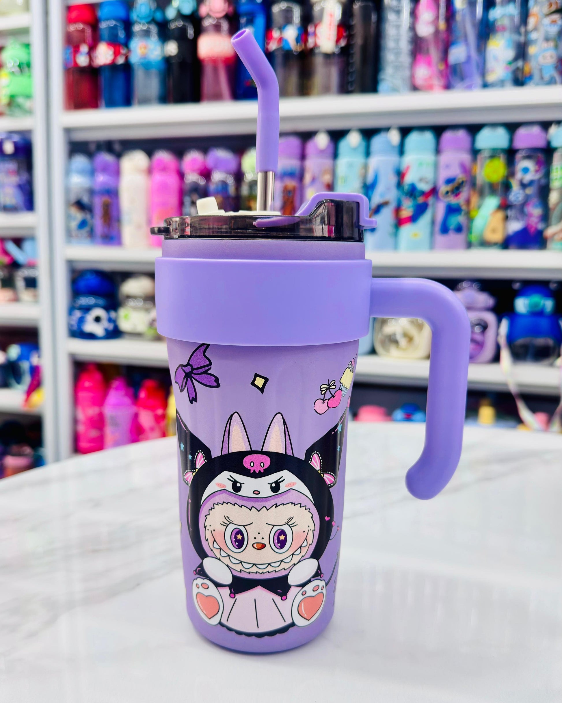 Purple tumbler with Labubu white 860ml insulated tumbler with colorful character designs, steel straw, and large handle