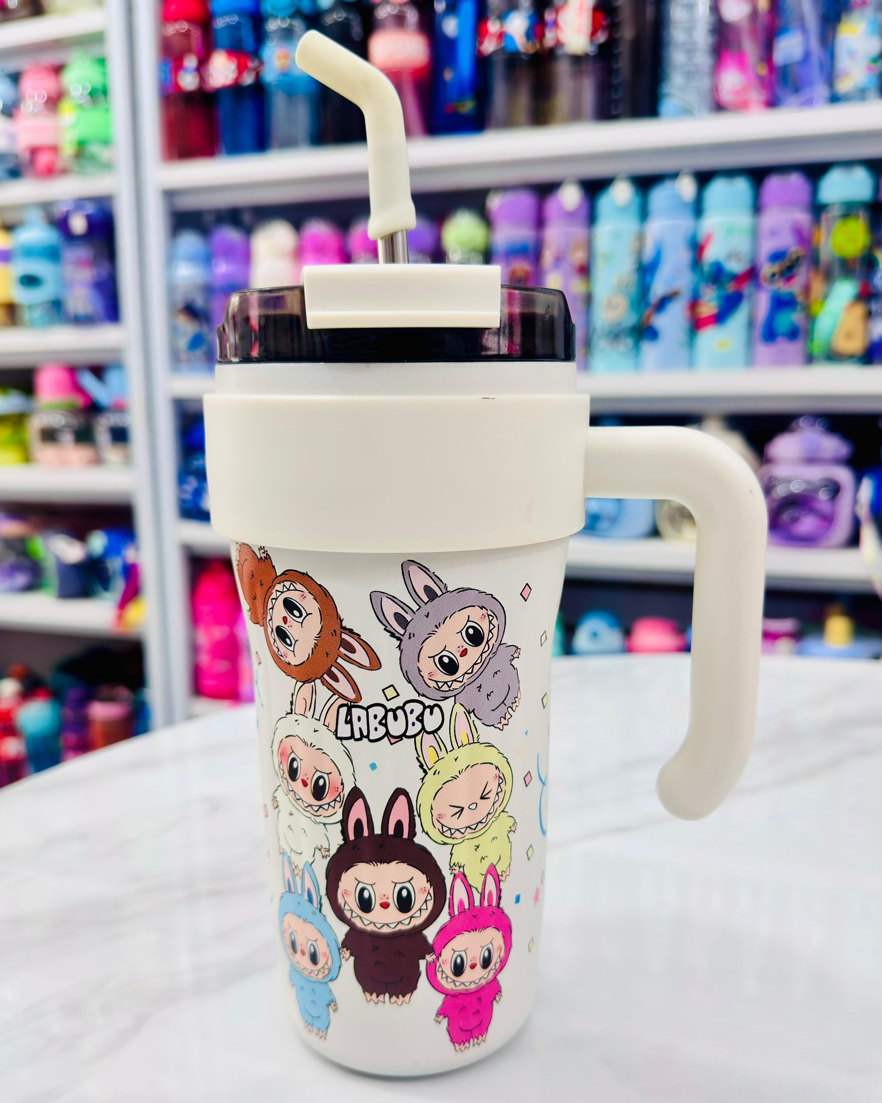 Labubu purple 860ml SUS 316 tumbler with handle and steel straw, featuring cartoon graphic, white color