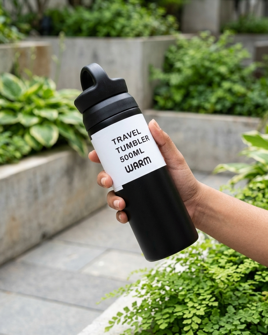 A hand holding a black travel tumbler bottle with a white label that reads 'TRAVEL TUMBLER 500ML WARM' in black text, set against a blurred green garden background.