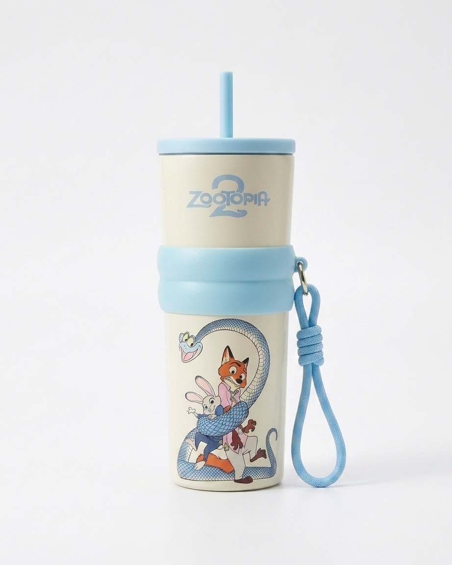 A Zooaria 2 branded insulated tumbler with a light blue straw and wrist strap, featuring a cream-colored body with a blue band and a colorful cartoon animal illustration.