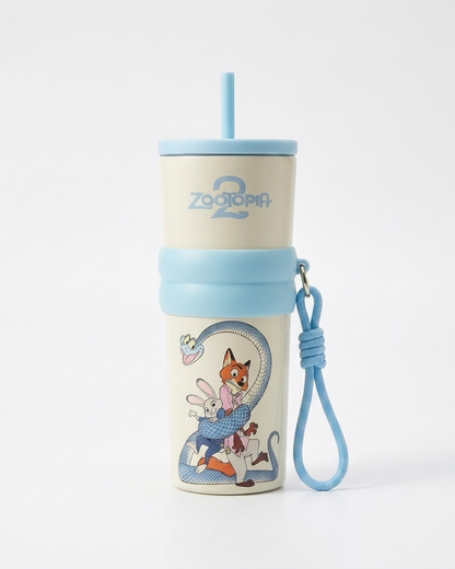 A Zooaria 2 branded insulated tumbler with a light blue straw and wrist strap, featuring a cream-colored body with a blue band and a colorful cartoon animal illustration.