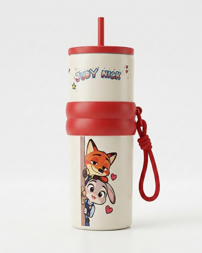 A white insulated travel tumbler with a red lid, red straw, red silicone band, and red carrying loop. The tumbler features 'JUDY NICK' text and cartoon characters from The Powerpuff Girls on a clean white background.