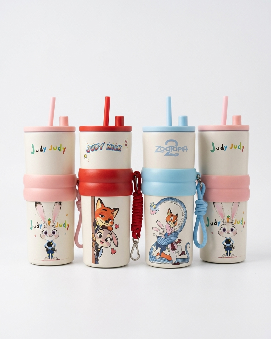 Four reusable insulated tumblers with straws and carrying straps, shown in pink, red, blue, and pink colorways. Each cup has a cartoon animal illustration and the text 'Judy Judy' or 'Judy Judy's' on a clean white background.