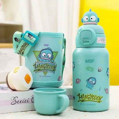 Set of turquoise bottles and accessories with cartoon character design on a light background