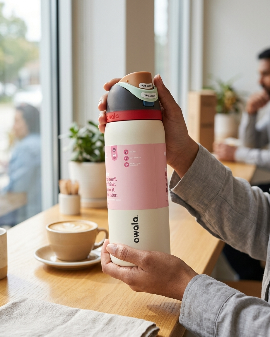 A person holds an Owala insulated water bottle with a pink and white design and a brown lid, standing on a wooden table in a bright cafe setting with a latte and another person blurred in the background.