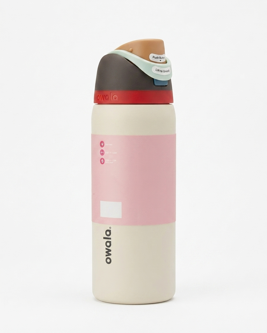 An Owala insulated water bottle with a cream-colored body, a wide pink band, a dark brown cap, and a red collar, shown on a light gray background.