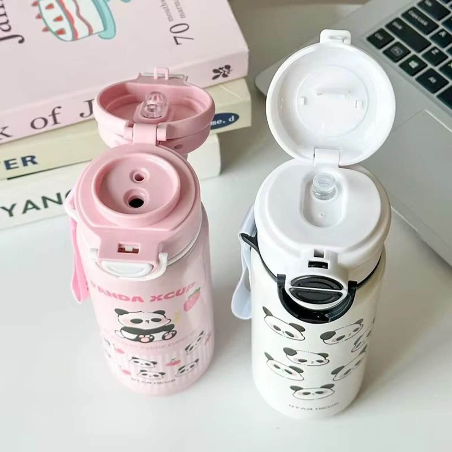 dual mouth-personalised panda water bottles for kids 550ml