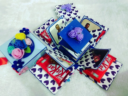 Handmade Blue Floral Explosion Box with Chocolates & Photo Slots | 2-Layer Gift Box