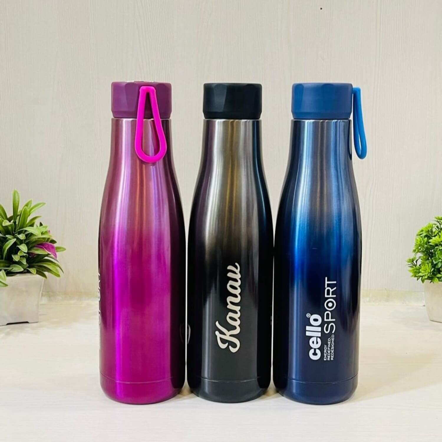 Pink Black Blue Cello Original Premium water bottle with personalisation