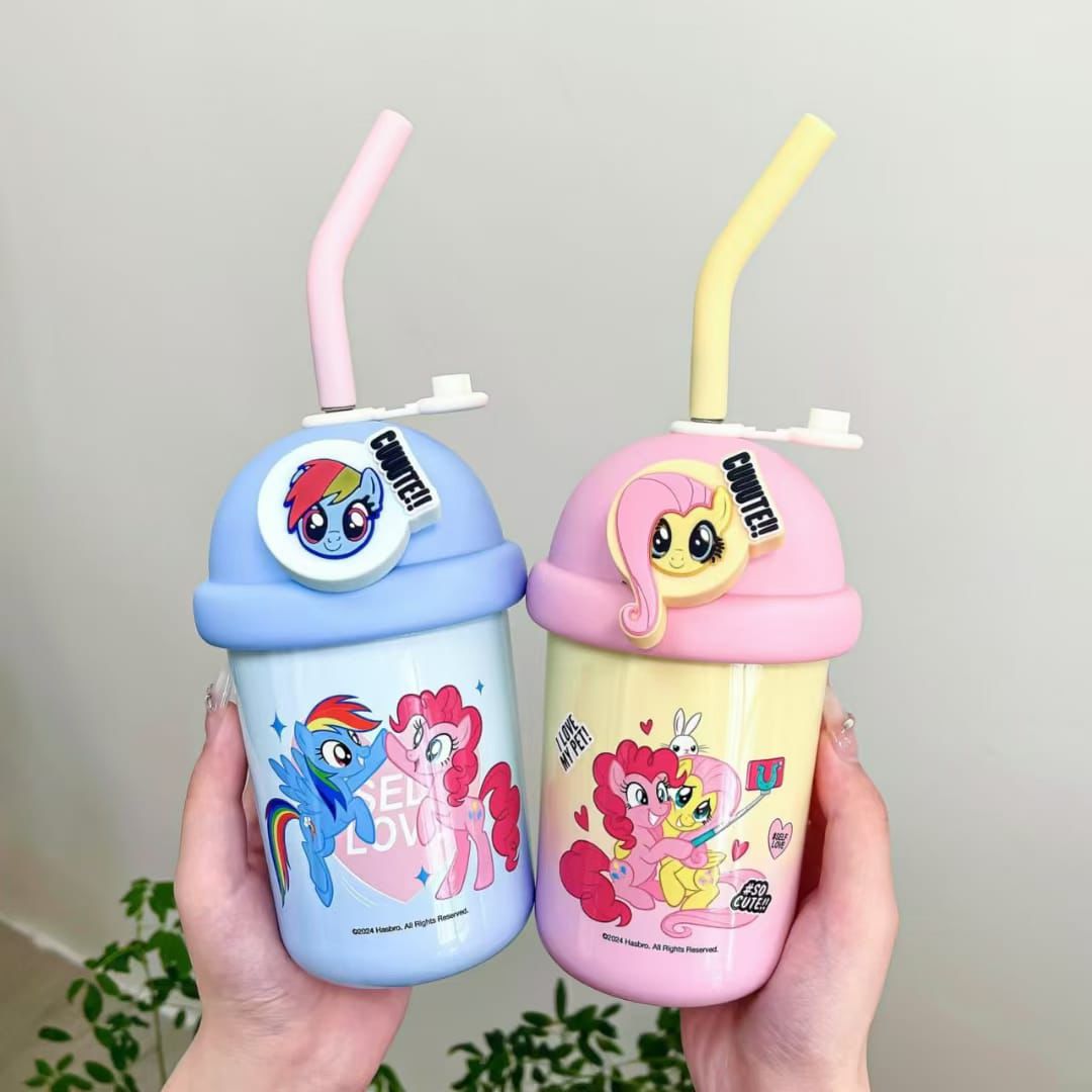 Two My Little Pony stainless steel tumblers 500ml with straw lids in pastel blue and pink pastel, cartoon toppers