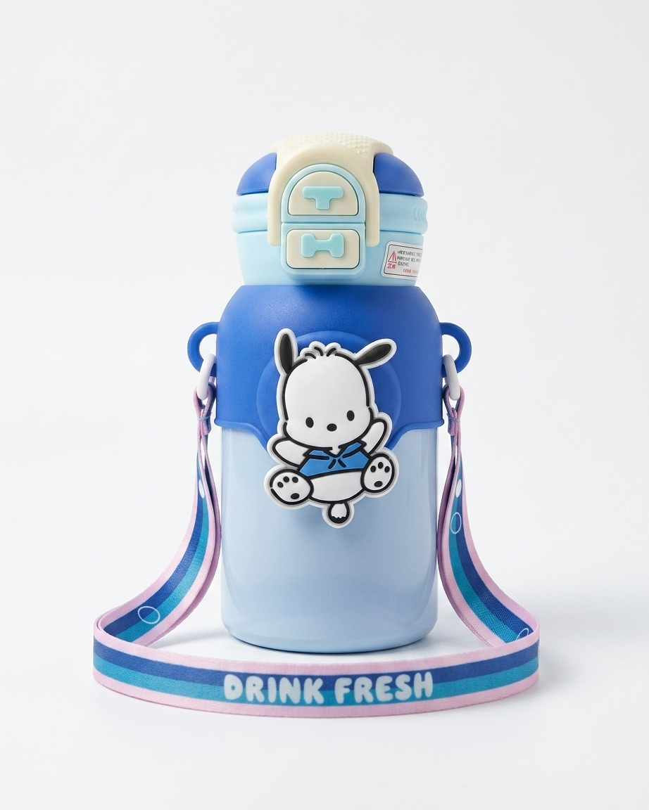 A light blue and dark blue water bottle with a cartoon dog character on the front, a matching blue lid, and a pink, blue, and white shoulder strap that reads 'DRINK FRESH'.
