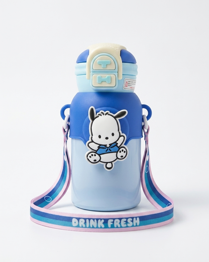 A light blue and dark blue water bottle with a cartoon dog character on the front, a matching blue lid, and a pink, blue, and white shoulder strap that reads 'DRINK FRESH'.