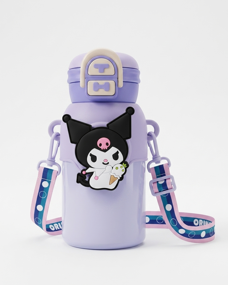 A light purple water bottle with a cartoon Kuromi character charm on the front, a matching purple lid with a cream-colored T-shaped detail, and a blue and purple polka-dot shoulder strap.