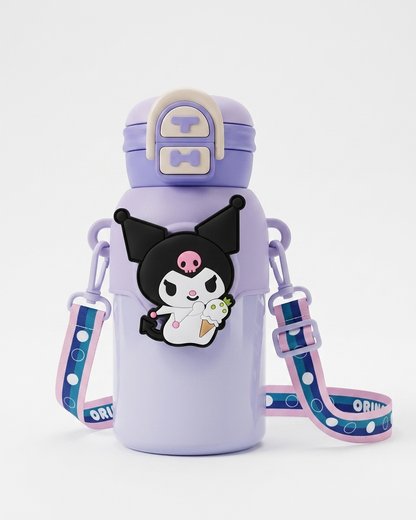 A light purple water bottle with a cartoon Kuromi character charm on the front, a matching purple lid with a cream-colored T-shaped detail, and a blue and purple polka-dot shoulder strap.