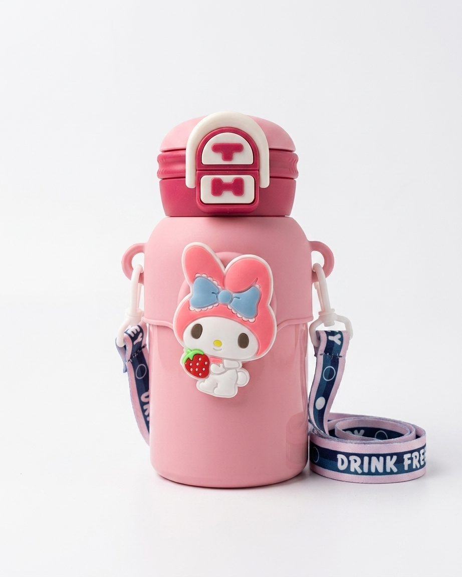 A pink water bottle with a cute cartoon character charm on the front, a matching pink lid, and a blue-and-white patterned strap. The strap is coiled next to the bottle on a clean white background.