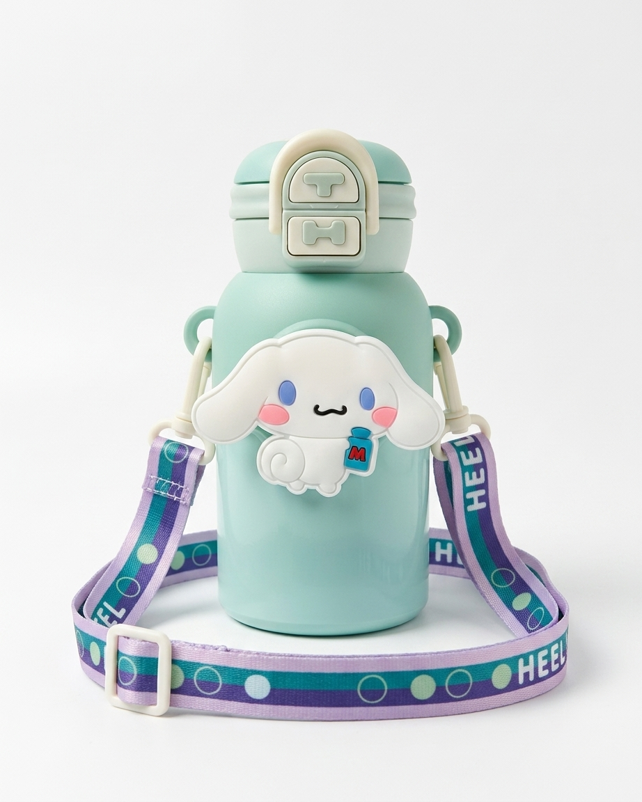 A mint green water bottle with a cute white cartoon character charm, a matching lid, and a purple and teal patterned shoulder strap on a light gray background.