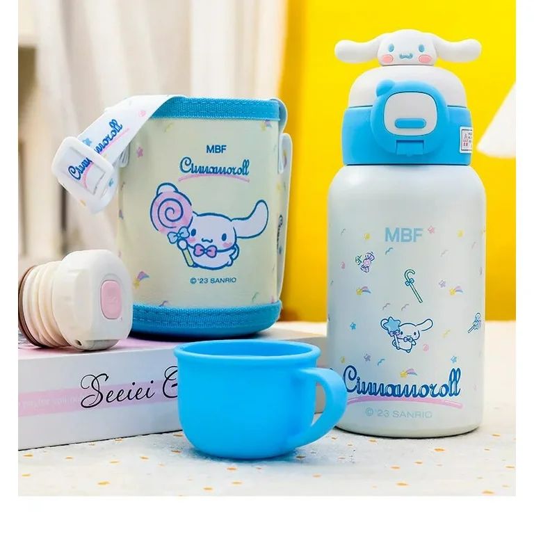 Cinnamoroll-themed thermos, mug, and container set on a white surface with a yellow background