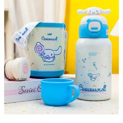 Cinnamoroll-themed thermos, mug, and container set on a white surface with a yellow background