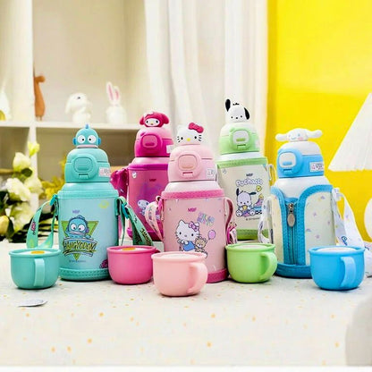 Colorful children's thermos bottles and cups with cartoon designs on a light surface.