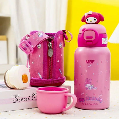 Pink water bottle, lunch bag, and cup with cartoon character design on a white surface.