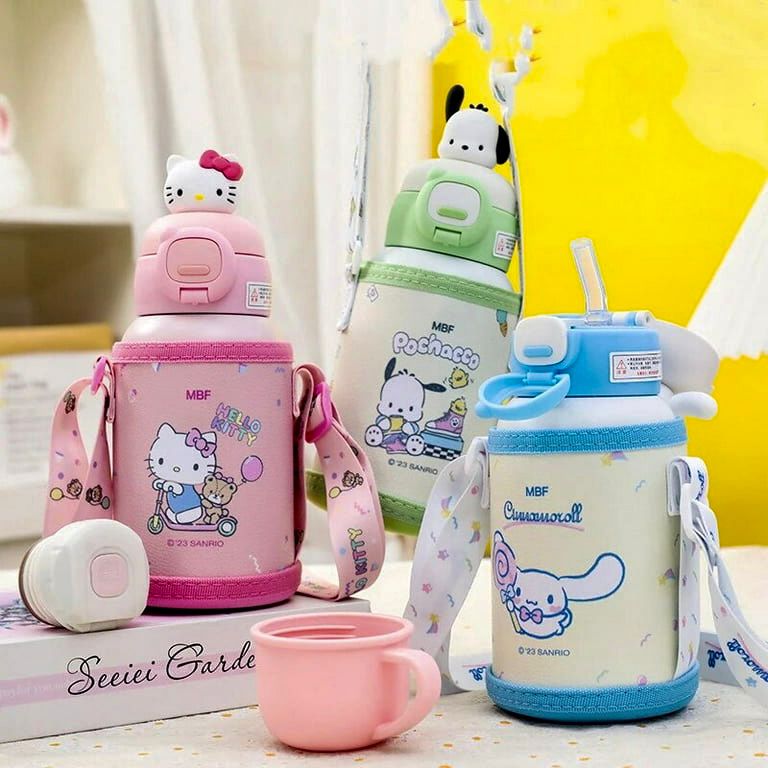 Three cartoon-themed water bottles with a pink, green, and blue design on a light background.