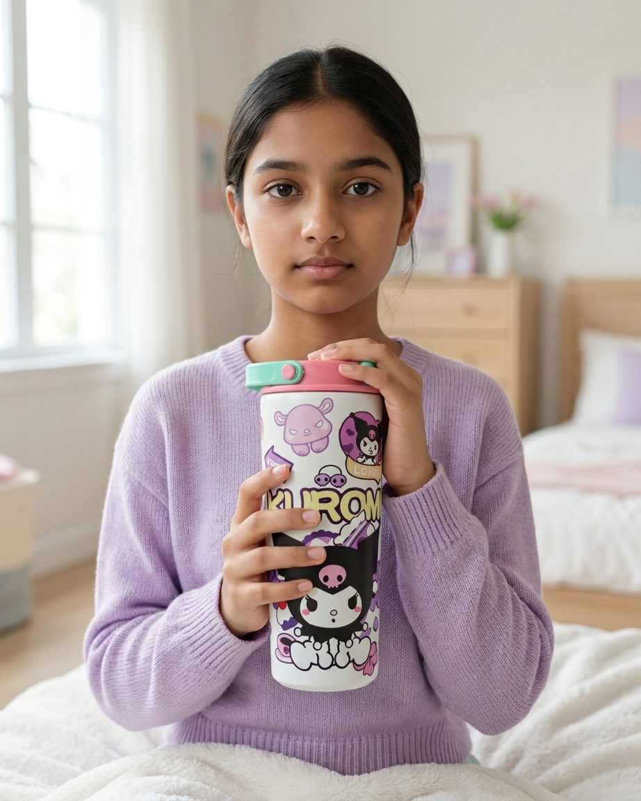 A young girl with dark hair sits on a bed in a bedroom, wearing a lavender knit sweater and holding a white cartoon water bottle with Sanrio characters. The bottle has a pink lid with a mint green flip straw cap.