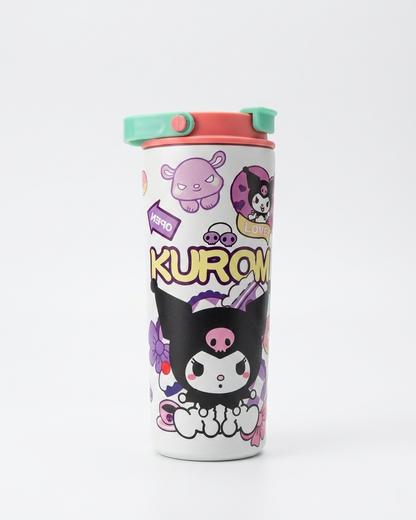A white insulated travel tumbler featuring Kuromi character graphics, a pink and mint green lid, and the word 'KUROMI' printed on the front, set against a plain white background.