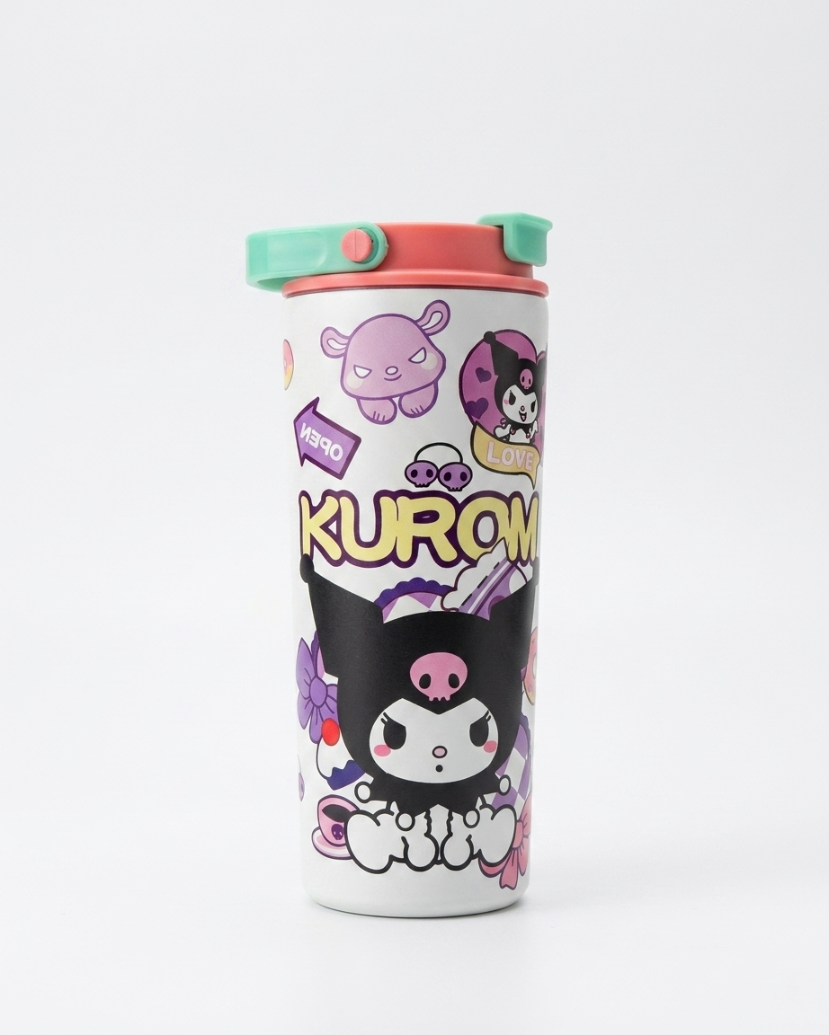 A white insulated travel tumbler featuring Kuromi character graphics, a pink and mint green lid, and the word 'KUROMI' printed on the front, set against a plain white background.