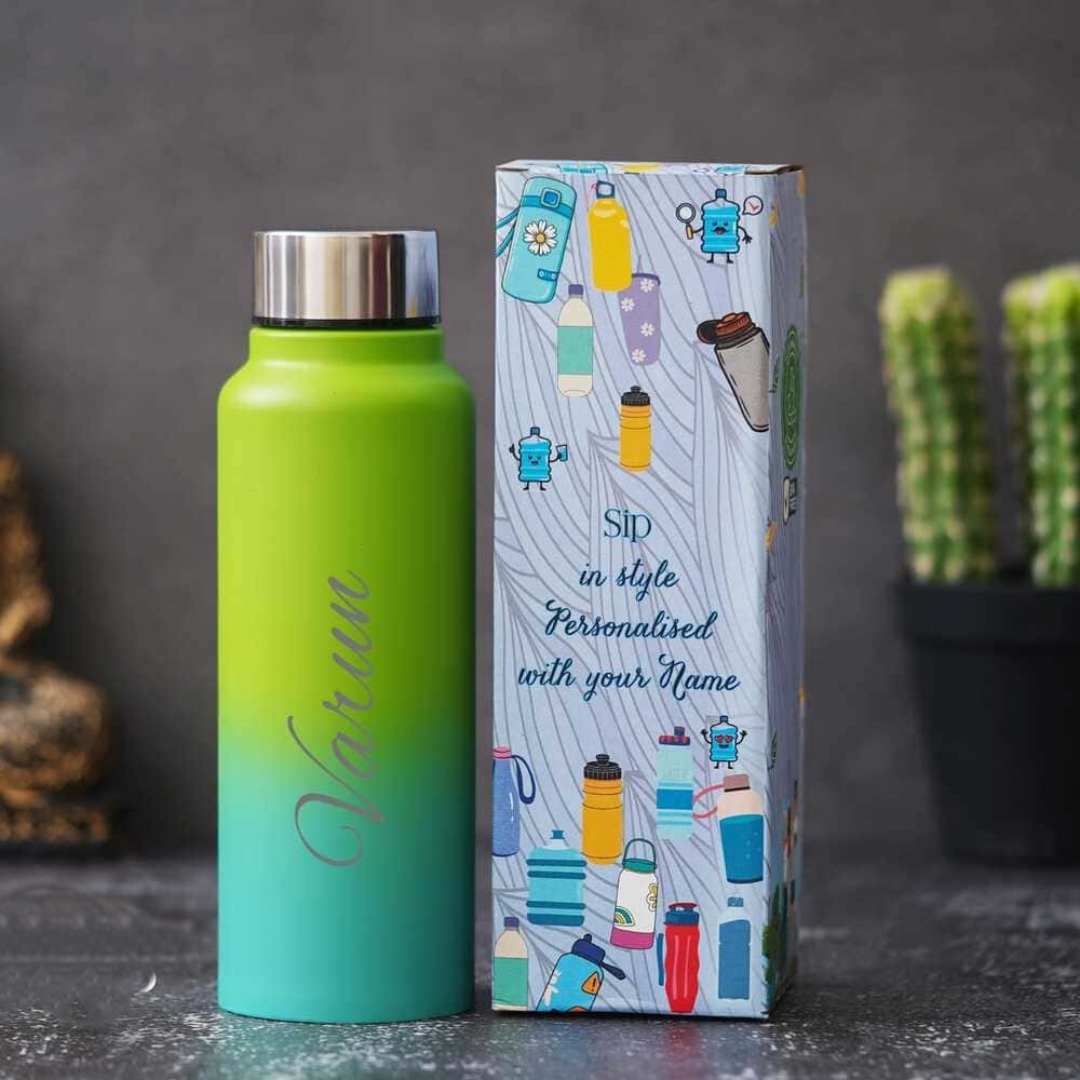 Sea blue and green double shade personalised water bottle