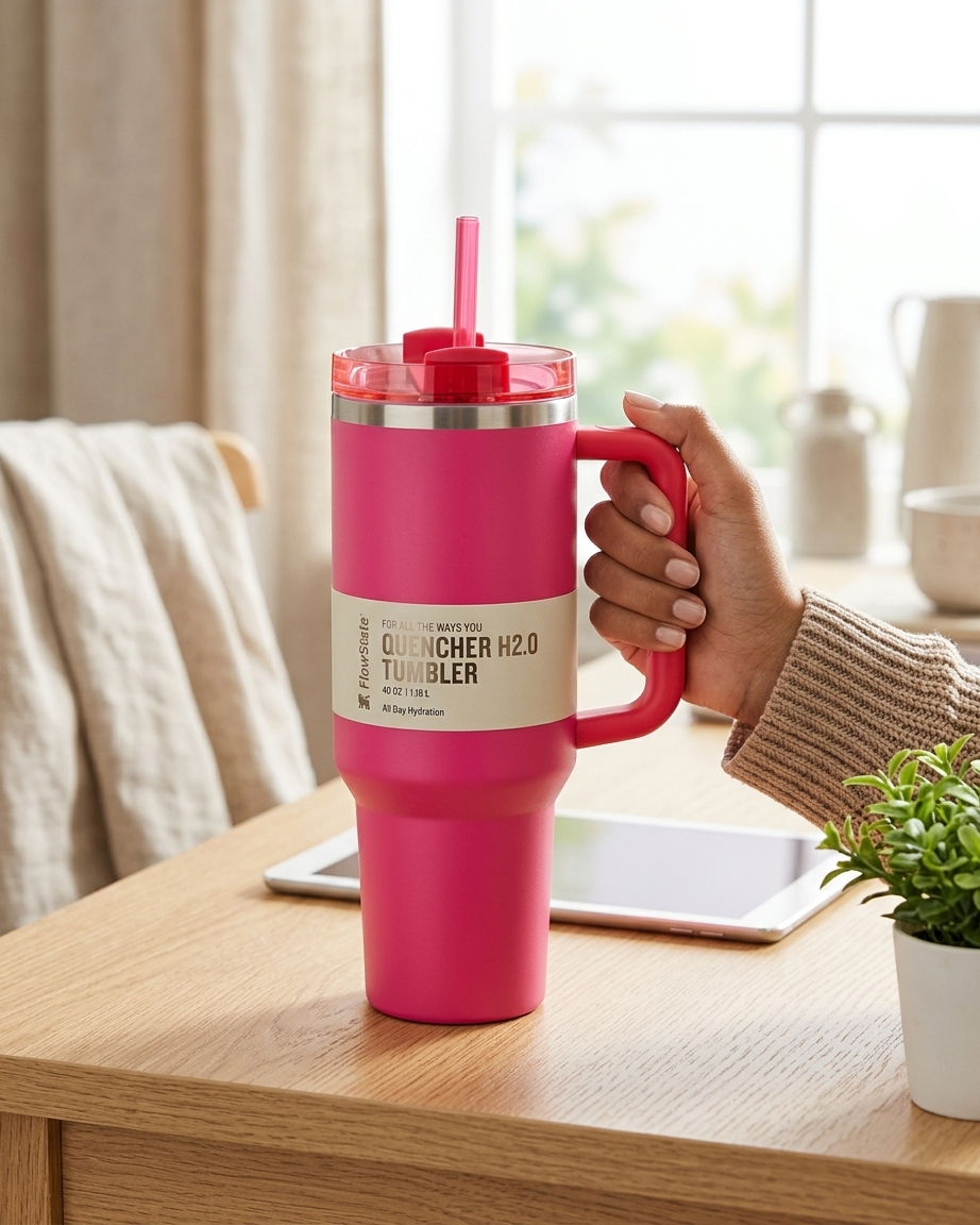 A bright pink insulated tumbler with a handle and straw sits on a wooden table in a softly lit indoor setting. A person's hand is holding the handle, and a beige wrap sleeve is visible.